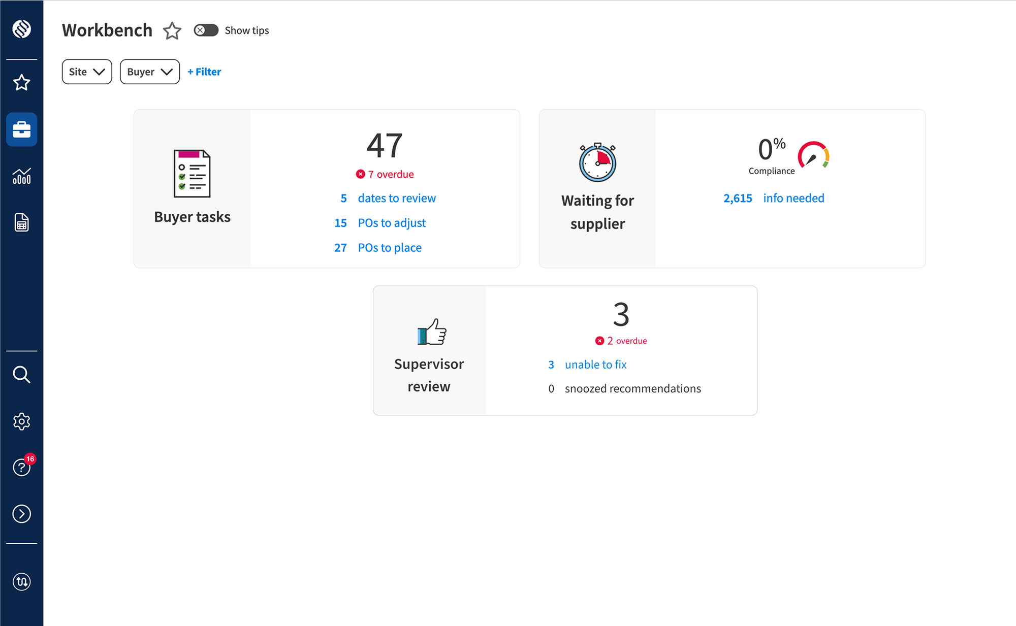 Workbench: summary cards